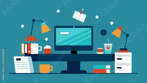 Overburdened Desk An of an overflowing desk cluttered with papers coffee cups and a flickering computer screen symbolizing excessive workload.