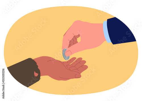 Simple flat vector illustration of charity and generosity, featuring a wealthy hand in a business suit giving a coin to a poor hand with a torn sleeve. Concept of donation and inequality