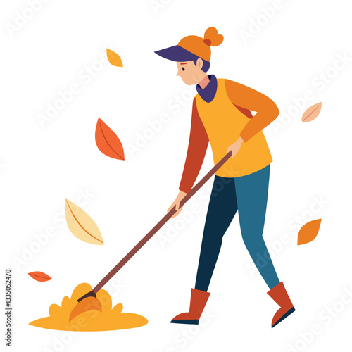 Raking Autumn Leaves Vector Illustration - Cartoon Clipart & Line Art Design 1.eps