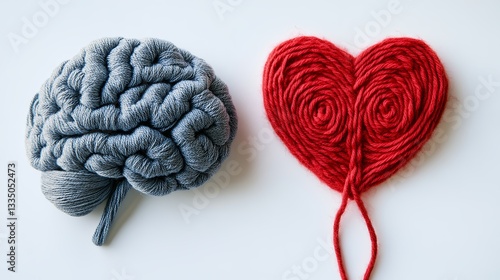 Gray yarn brain and red yarn heart on white background Mind and heart connection concept