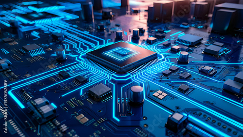 Futuristic neon blue circuit board with glowing microchips, transistors, and data paths, symbolizing innovation.