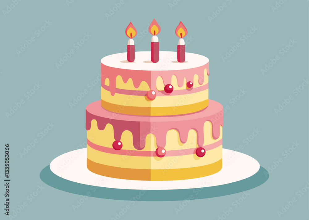 Two-Tier Birthday Cake with Candles – Flat Vector Illustration Two-Tier Birthday Cake with Candles – Flat Vector Illustration