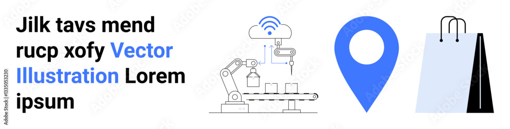 Robotic arm assembling products, digital location pin, and shopping bags combine themes of industry, technology, and commerce. Ideal for manufacturing, retail, logistics, e-commerce smart Robotic arm assembling products, digital location pin, and shopping bags combine themes of industry, technology, and commerce. Ideal for manufacturing, retail, logistics, e-commerce smart