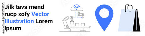 Robotic arm assembling products, digital location pin, and shopping bags combine themes of industry, technology, and commerce. Ideal for manufacturing, retail, logistics, e-commerce smart