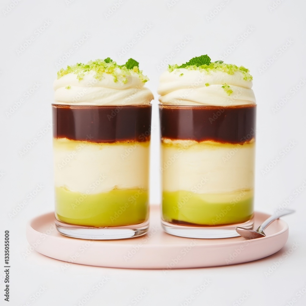 Layered Chocolate and Vanilla Cream Parfait Glass with Fresh Mint Garnish - Perfect Festive Dessert for Fine Dining Layered Chocolate and Vanilla Cream Parfait Glass with Fresh Mint Garnish - Perfect Festive Dessert for Fine Dining