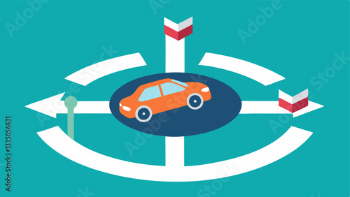Roundabout Navigation A selfdriving car gracefully enters a roundabout with arrows and signage highlighting its route through the circular traffic.