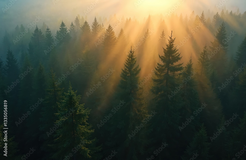 Fototapeta premium Top view of dark moody pine trees in foggy forest with bright sunrise rays shining through branches. Spruce wood in summer mountains with golden sun beams penetrate trees.