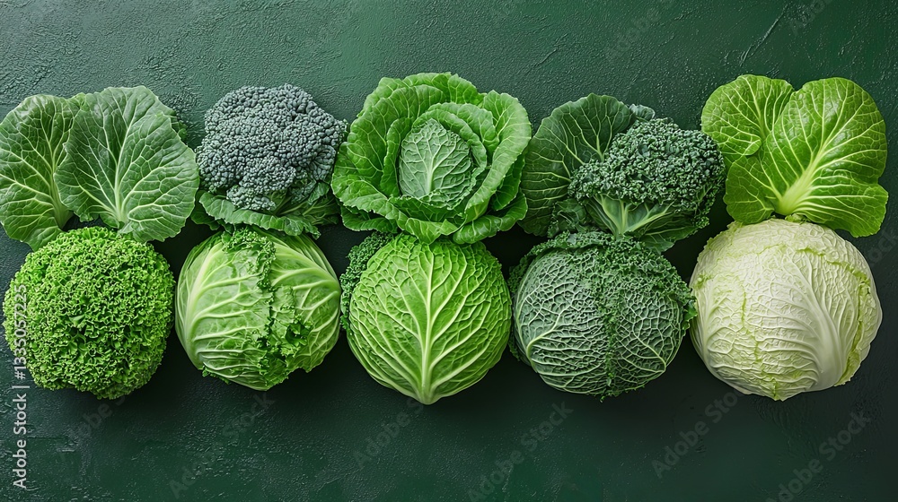 Fototapeta premium Various types of fresh green cabbage, broccoli, and leafy vegetables arranged on a dark green surface in a kitchen setting during daylight hours