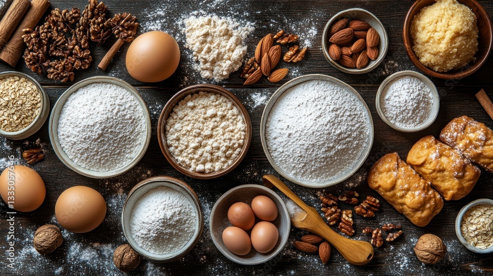 Baking ingredients spread on a rustic wooden table Baking ingredients spread on a rustic wooden table