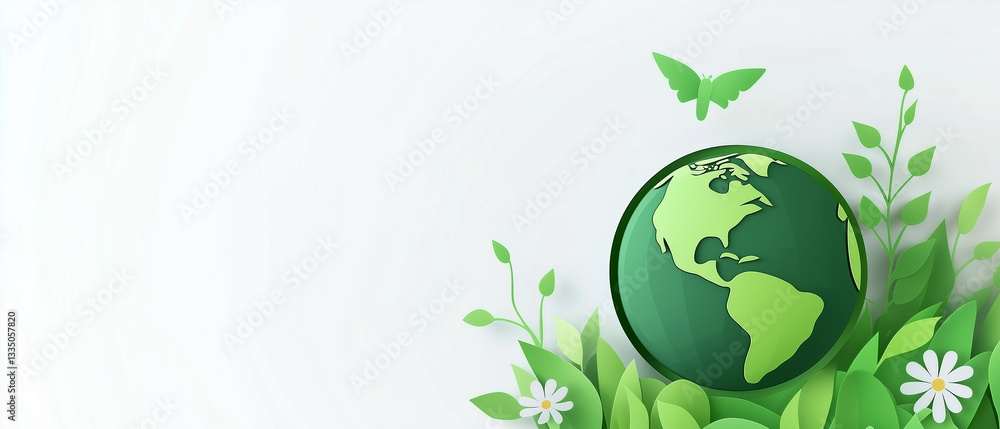 Earth Day Concept Illustration with Green Globe, Leaves, and Butterfly on White Background Earth Day Concept Illustration with Green Globe, Leaves, and Butterfly on White Background