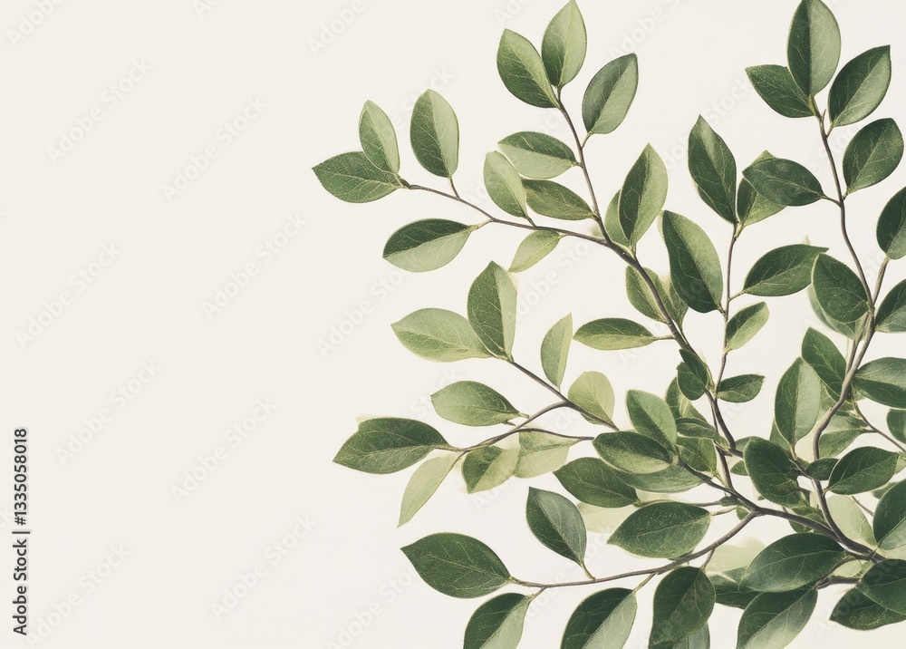 Naklejka premium Fresh green leaves on branch against white background