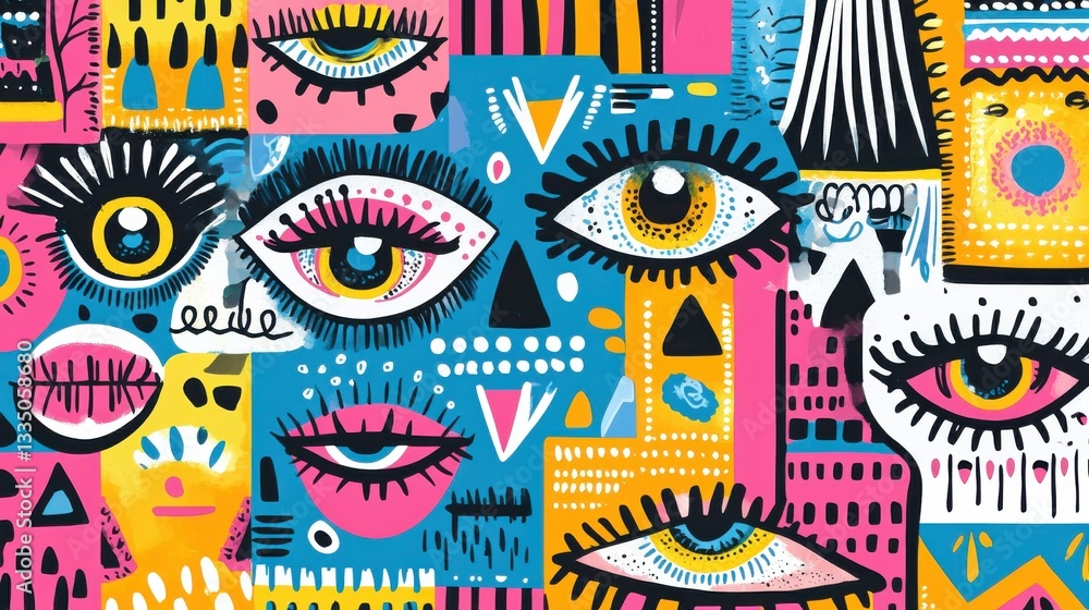 Colorful Abstract Art Featuring Eyes and Geometric Shapes Colorful Abstract Art Featuring Eyes and Geometric Shapes