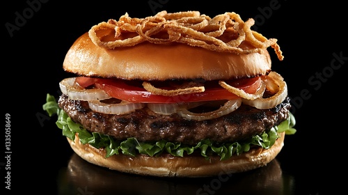 Delicious gourmet cheeseburger with crispy onions and lettuce close up high resolution picture