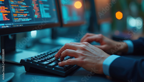 Hands type on keyboard with program code on monitor. Developer works with database from scada system on computer screen. Engineer supervises datum, enhance security, analysis, ai automation.