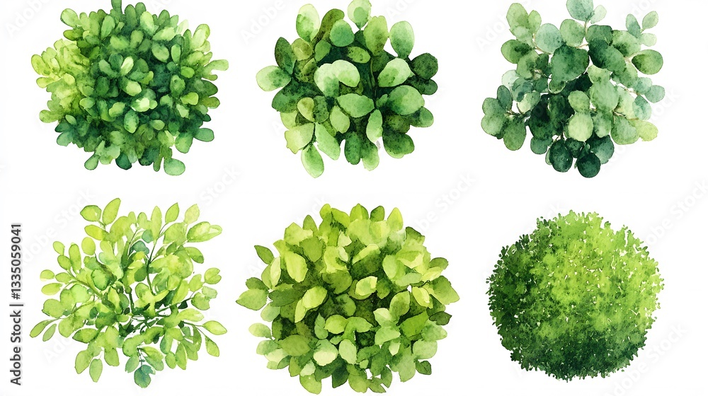 Fototapeta premium Watercolor Paintings of Different Types of Green Plants