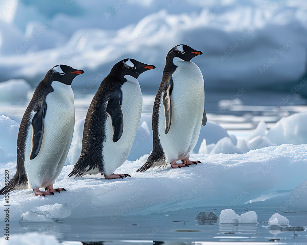 Obraz premium Thrree penguins on ice floe
