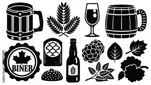 "Beer Brewing Elements - Barrel, Glass, Wheat, Grapes, and Bottle - Black and White Vector Illustration"
