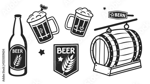 "Beer Brewing Elements - Barrel, Glass, Wheat, Grapes, and Bottle - Black and White Vector Illustration"

