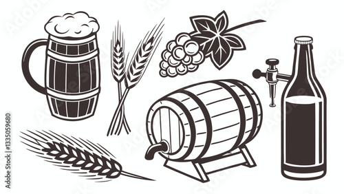 "Beer Brewing Elements - Barrel, Glass, Wheat, Grapes, and Bottle - Black and White Vector Illustration"

