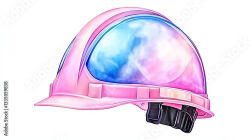 A vibrant pink safety helmet with a colorful visor, ideal for construction and safety-themed designs. photo