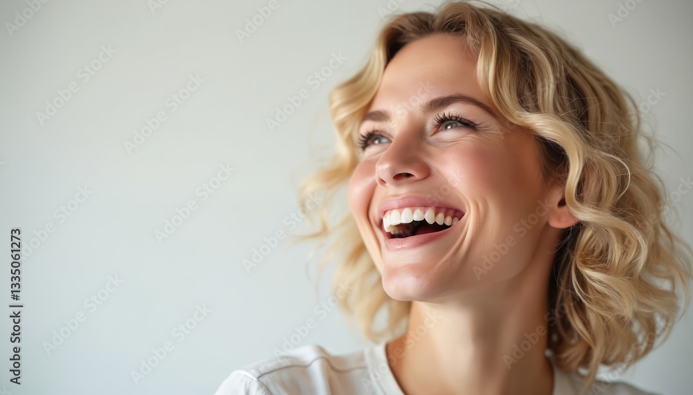 Naklejka premium Beauty portrait of laughing blond woman. Smile reveals perfect white teeth. Clean fresh face on white background. Healthy skin and wellness concept. Cosmetology and dental care ad.