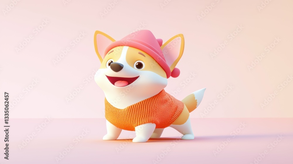 Fototapeta premium Charming chibi corgi in orange sweater and hat happy pose colorful background cheerful atmosphere