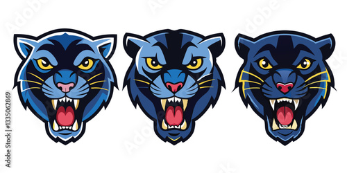 Cartoon Panther Heads: Mascot Logo Design Featuring Aggressive Blue & Black Felines with Sharp Teeth and Fierce Eyes