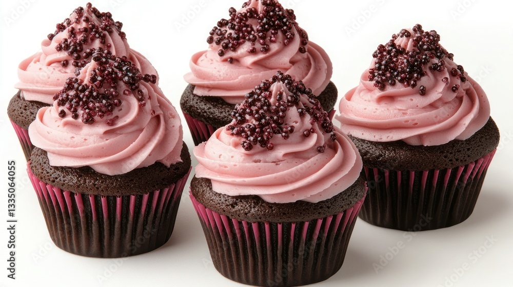 Chocolate cupcakes topped with pink frosting and sprinkles Chocolate cupcakes topped with pink frosting and sprinkles