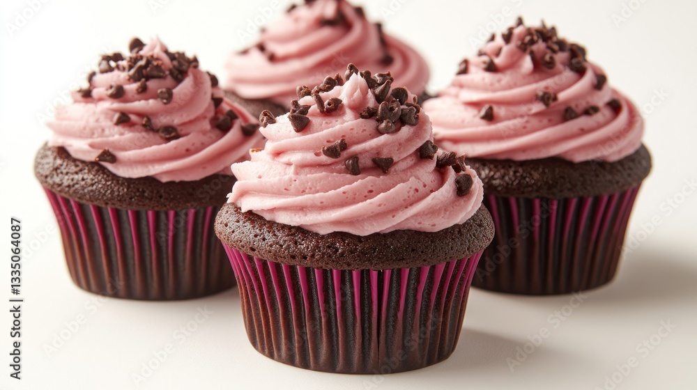 Chocolate cupcakes with pink frosting and chocolate sprinkles Chocolate cupcakes with pink frosting and chocolate sprinkles