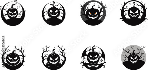 A highly detailed spooky pumpkin illustration with intricate carvings and eerie expressions, perfect for Halloween and gothic designs