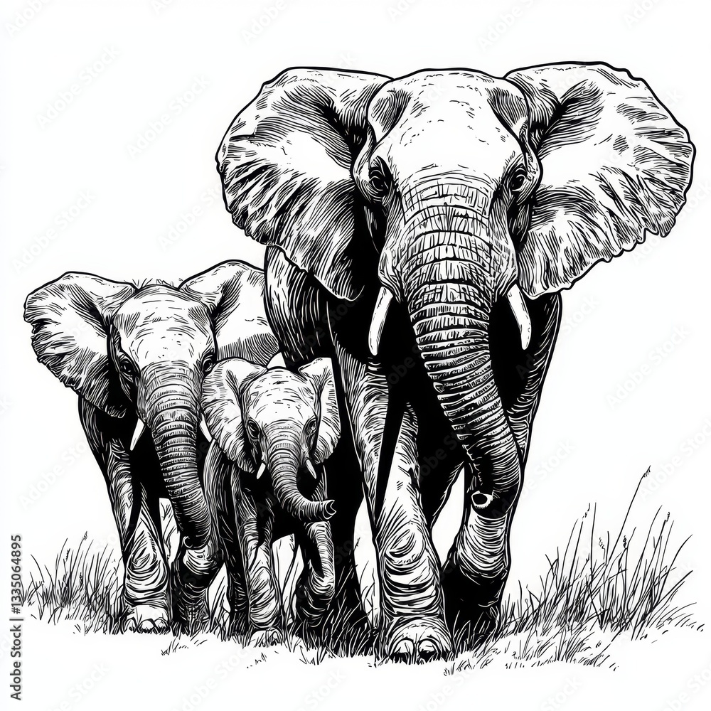 Naklejka premium A trio of elephants walks together through tall grass, showcasing their majestic presence in a stylized black and white illustration.