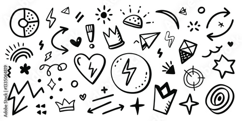 Hand-Drawn Doodle Elements: Black and White Vector Illustration of Arrows, Hearts, Stars, Crowns, Lightning Bolts, and Abstract Shapes
