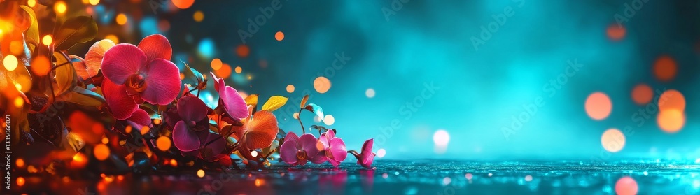 A radiant orchid blossom, softly lit by blue and pink light, producing a serene and enchanting environment A radiant orchid blossom, softly lit by blue and pink light, producing a serene and enchanting environment