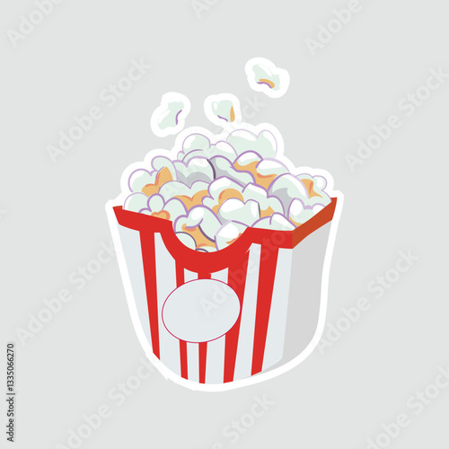 Popcorn Snack Vector Illustration Sticker. Fun vector sticker of a classic striped popcorn bucket filled with fluffy popcorn, ideal for movie night themes, food art, and snack branding