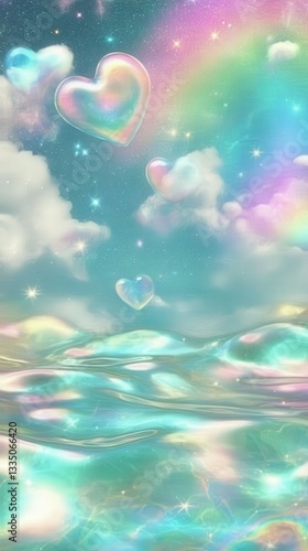Holographic fantasy rainbow background with clouds and stars. Pastel color sky. Magical landscape, abstract fabulous pattern. Cute candy wallpaper. Illustration
