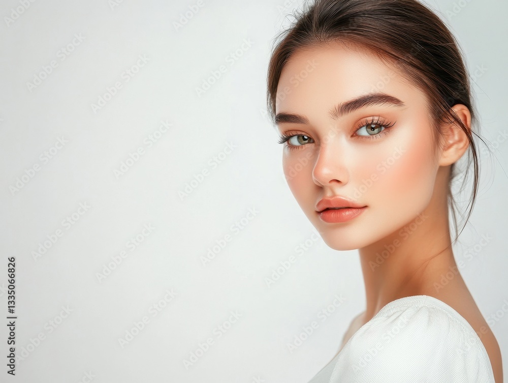 Close-up portrait of a young woman with natural makeup and soft lighting against a plain background