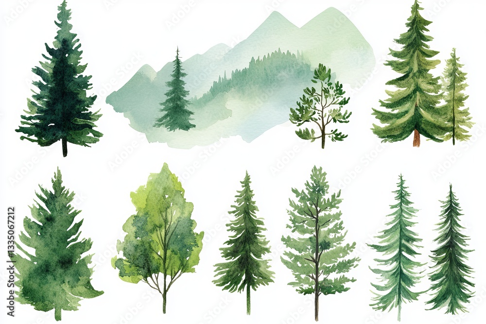 Obraz premium Watercolor Evergreen Trees Mountain Landscape Nature Illustration Botanical Painting Green Forest Pine Fir Coniferous Trees Collection Nature Scene