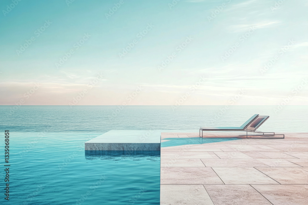 The sleek stone tiles and wooden deck of the infinity pool overlook the ocean, featuring a lounge chair and Nordic-inspired minimalism, all in pastel and muted tones, creating a calmatmosphere