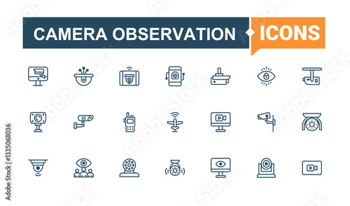 Camera Observation icon. Included protection, safe, shield, defense, security, firewall and more. Surveillance related icon set. Thin outline icons pack. Vector line and solid icons.