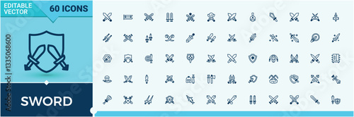 Sword icon set. Contains outline symbols like blade, dagger, weapon, medieval, ancient, saber and more. Minimalist vector collections. Vector illustration in modern line and solid style icons.