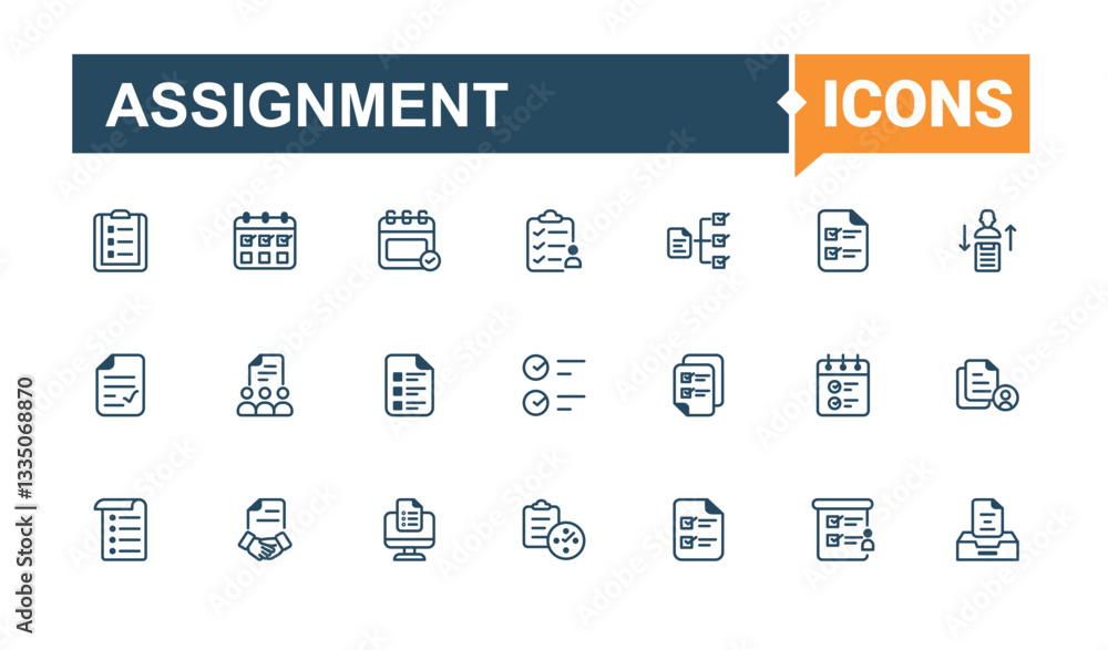 Assignment icon collection. Contains such icon as work, workflow, list, plan and more. Task related icon. Perfect for logos and infographic. Solid line editable stroke. Vector collection. Assignment icon collection. Contains such icon as work, workflow, list, plan and more. Task related icon. Perfect for logos and infographic. Solid line editable stroke. Vector collection.