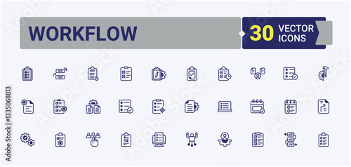 Workflow vector line icon set. Contains outline symbols like work, list, manage and more. Task icon collection. Icons for UI design. Editable stroke vector art.