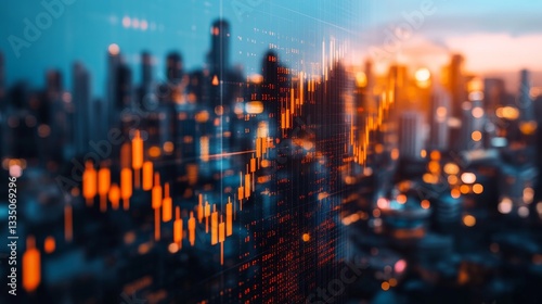 Fototapeta Naklejka Na Ścianę i Meble -  Digital display with orange stock graph data over blurred city buildings at night.
