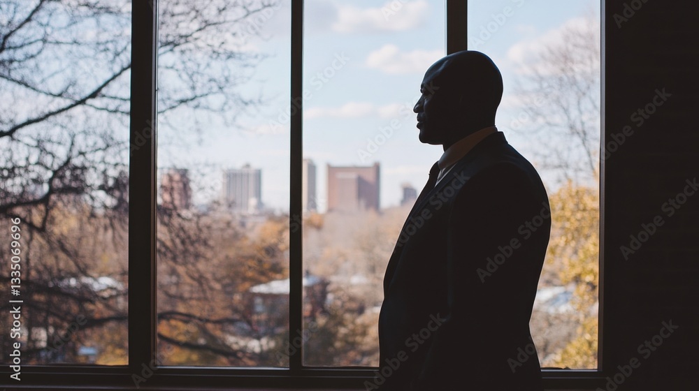 Fototapeta premium Businessman Silhouette by Window with Cityscape in Background
