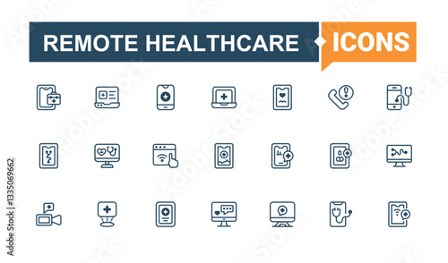 Set of Remote Healthcare line icon. Pack of medicine, consultation, virtual, phone, care and more. Telemedicine line icon. Minimalist icons collection. Vector illustration in modern line style.