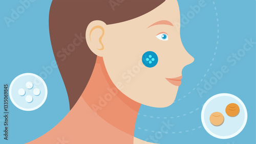 Patch on Cheek A closeup view of a translucent skin patch adhered to a cheek with fine lines fading around the area. Small icons representing collagen fibers can be seen emanating