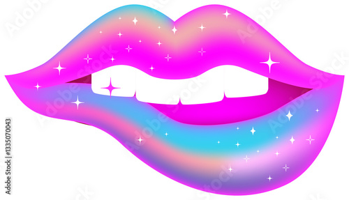 Y2K style lips sticker featuring a cosmic, galactic glow complete with sparkling stars. Showcasing a dreamy pastel aesthetic with a soft gradient of pinks, purples and blues