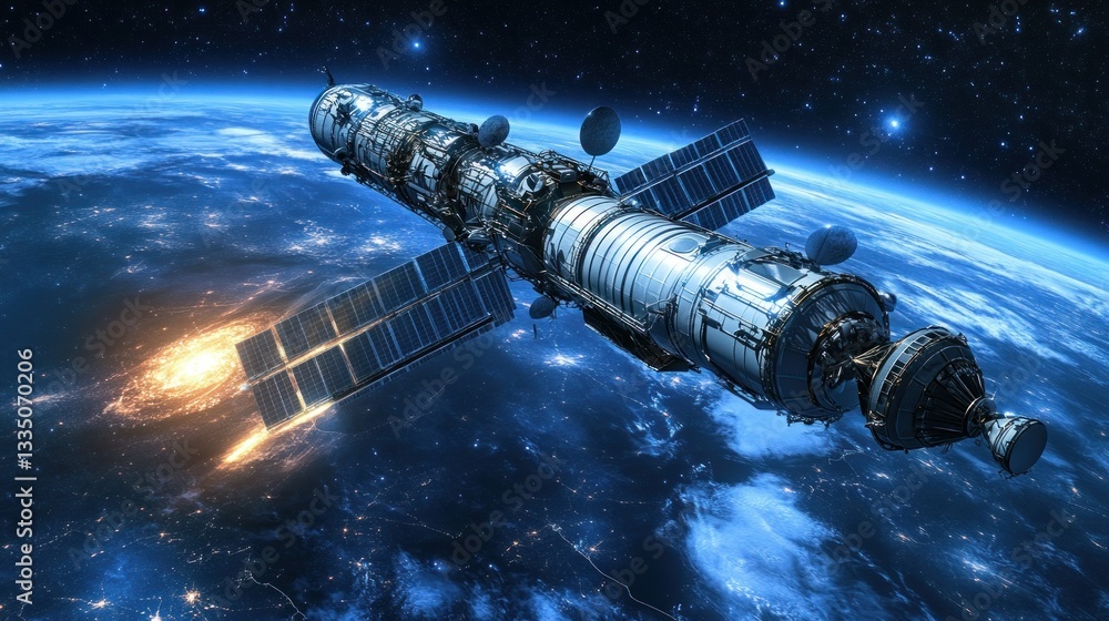 A spacecraft is orbiting planet earth in a vast space landscape A spacecraft is orbiting planet earth in a vast space landscape