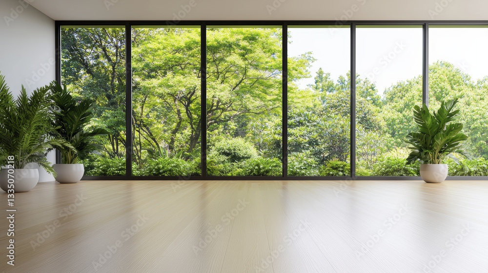 Fototapeta premium serene minimalist interior with large windows showcasing lush greenery outside, creating peaceful atmosphere