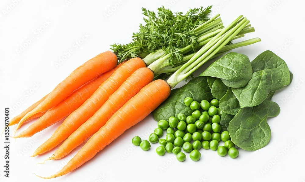 A flat-lay of fresh vegetables like carrots, peas, and spinach, beautifully arranged on a clean white background, evoking a healthy and wholesome vibe in . A flat-lay of fresh vegetables like carrots, peas, and spinach, beautifully arranged on a clean white background, evoking a healthy and wholesome vibe in .